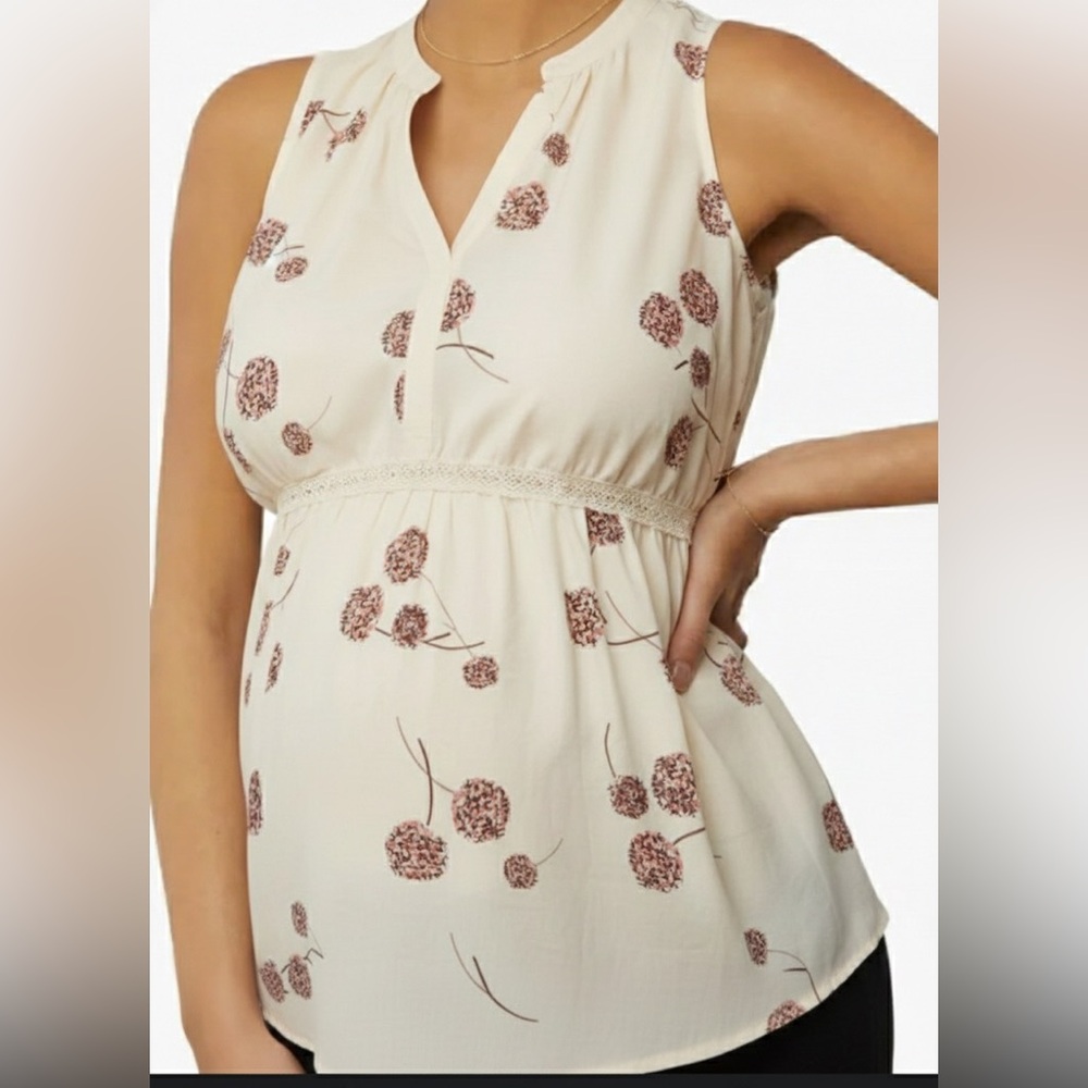NWT Pea in the Pod Floral Sleeveless Empire Waist Maternity Ivory Pink Top Sz S